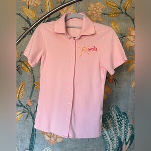 NWOT Lingua Franca Pink “Smile” Embroidered Button-Front Shirt